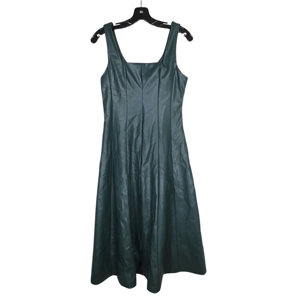 NWT FATE Dark Green FAUX LEATHER Zip SLEEVELESS Seam Detail FIT & FLARE DRESS S